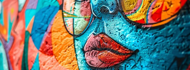 Street art with vibrant hues on a graffiti-filled wall background, highlighting urban culture. 