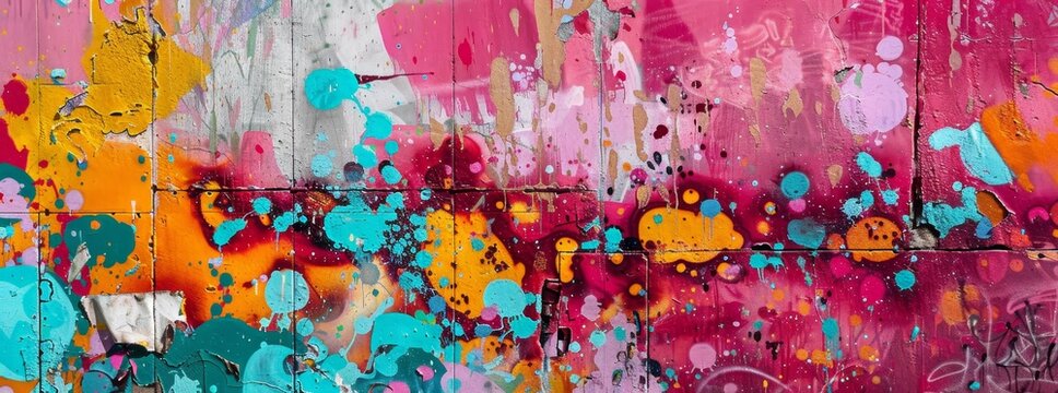 Street art with vibrant hues on a graffiti-filled wall background, highlighting urban culture. 