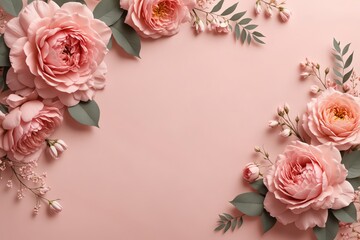 Delicate pink roses and babys breath on a soft blush background