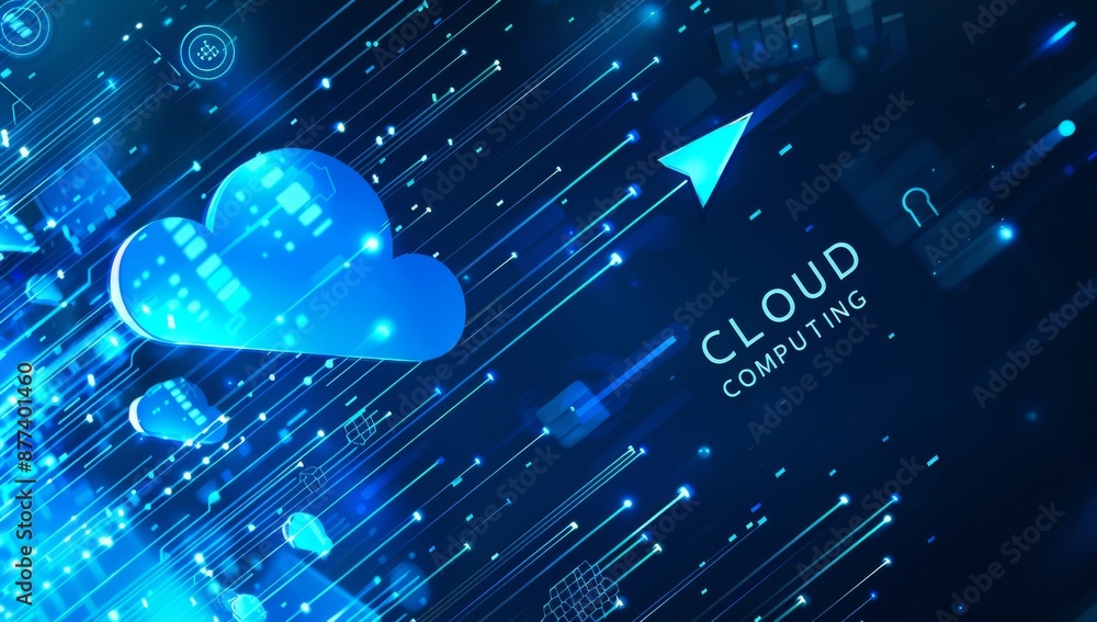 Poster digital cloud computing technology background with data transfer and futuristic design