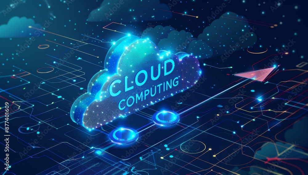 Poster futuristic cloud computing concept with digital network connections and glowing cloud icon