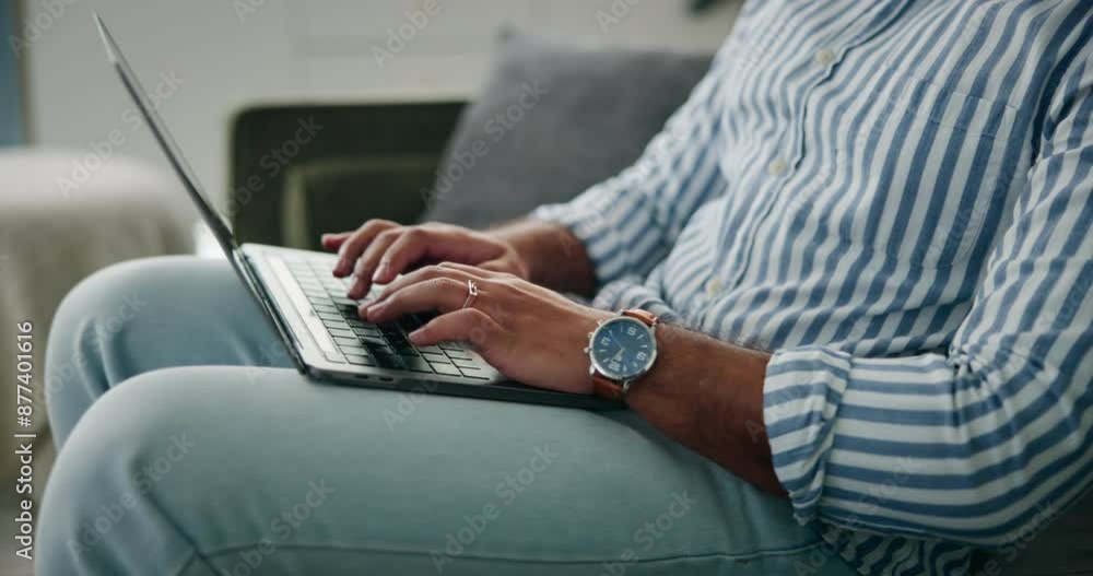 Poster man, typing hands and laptop on sofa for online project, information research and remote work in hom