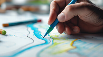 A hand drawing a winding river on an ecological map, using blue and green markers to emphasize environmental management and sustainable practices.