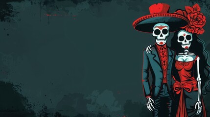 Dia de Muertos Skeleton Couple in Traditional Dress Standing on Dark Background with Vintage Muted Colors