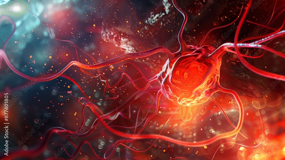 Poster vivid digital image of neural network, with bright red and blue colors. abstract art depicting biolo