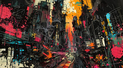 Chaotic Punk-Style Cityscape Collage Drawing Background

