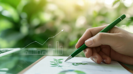 A hand holding a green pen on a clear glass surface, sketching a series of upward-trending line graphs and circles symbolizing sustainable growth.