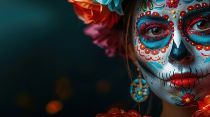 Dia de Muertos Woman with Sugar Skull Makeup in Futuristic Neon Colors on Dark Background with Copy Space.