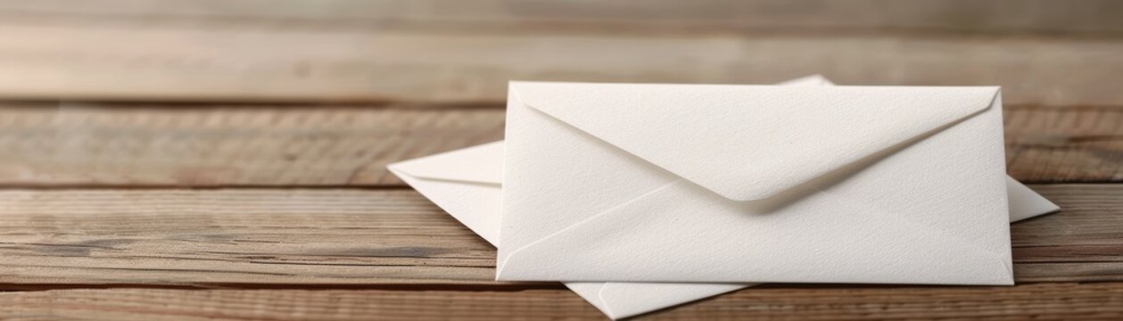 Two white envelopes are sitting on a wooden table