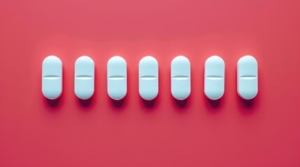 White tablets in a row on red background drugs in rectangle on light blue background