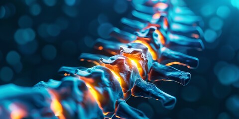 Digital illustration of human spine with detailed bones and glowing highlights