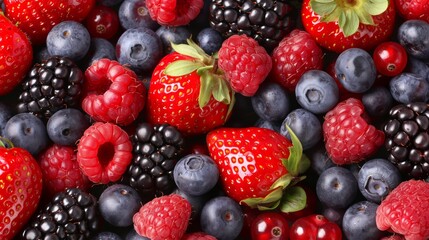 A close up of a variety of berries including blueberries, raspberries
