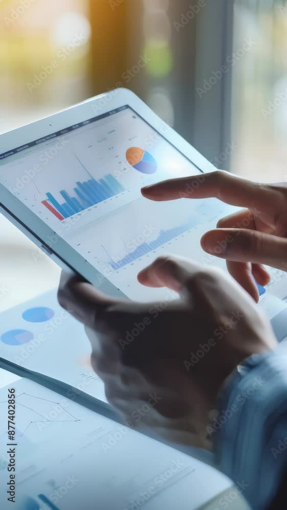 Poster Close-up of hands using a tablet to analyze graphs and charts. Concept of digital analytics and data-driven decision making. Ideal for business, finance, and technology themes
