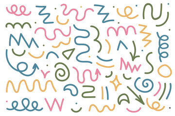 Marker lines, pencil stripes, highlighting elements, illustrations of permanent markers in the form of checkmarks, arrows in different directions. Attractive visual effects for graphic design, art sup