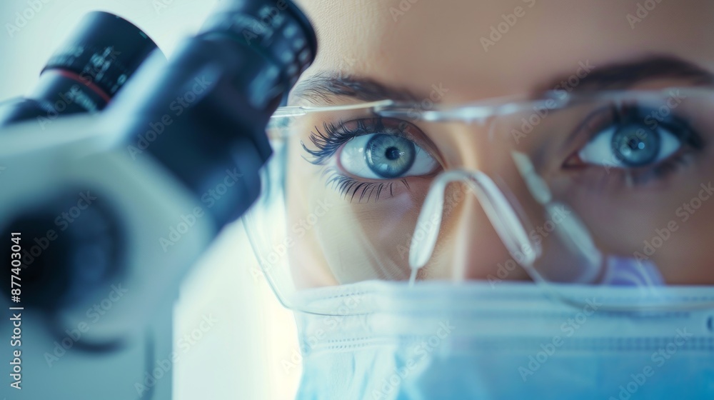 Aufkleber close-up of scientist with blue eyes looking into microscope in a laboratory. conceptual image showc