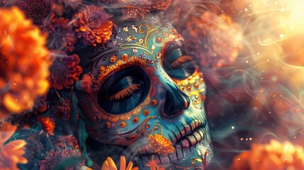 Dia de Muertos Skeleton Portrait in Futuristic Holographic Setting with Marigolds - High Contrast Halloween Vibes