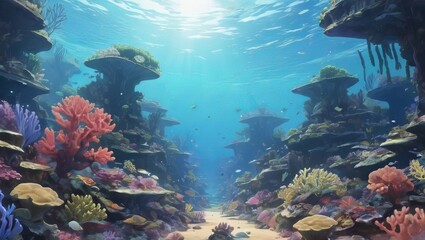 Fototapeta premium Landscape illustration anime style background, Generative Ai