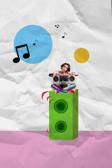 Composite trend artwork image photo collage of carefree relax young lady hand hold boombox recorder...