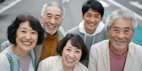 Fototapeta premium Japanese family posing happily for a photo during a joyful activity. Concept Family Photoshoot, Japanese Culture, Happy Faces, Traditional Attire, Joyful Moments