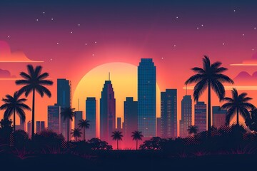 Sunset behind city skyline with palm trees, creating a picturesque tropical urban scene