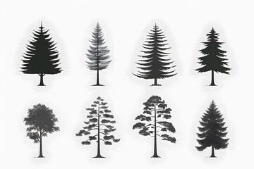 Fototapeta premium Eight diverse silhouette trees displaying coniferous and deciduous shapes