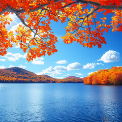 Obraz premium Autumn scene in beautiful colorful nature. Golden autumn leaves on beautiful lake