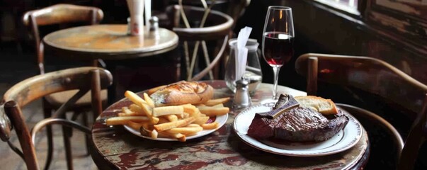 Naklejka premium Steak and Fries on a Parisian Table