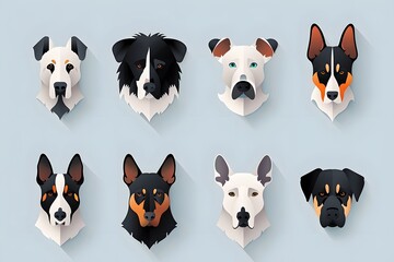 Obraz premium A collection of eight dog portraits displaying various breeds with stylized, geometric designs.