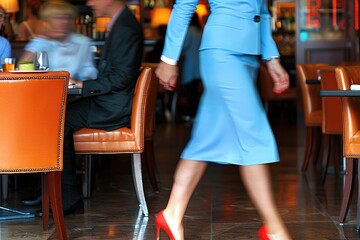 Obraz premium A woman in a blue dress and red shoes walks through a busy restaurant