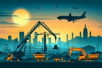 Silhouetted construction site at dusk with cranes, trucks, and airplane flying over cityscape.