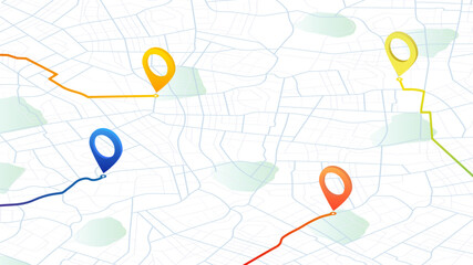 Fototapeta premium Isometric map with pins location on streets, marked with different colors. Pins connected by lines, as routes. Vector illustration