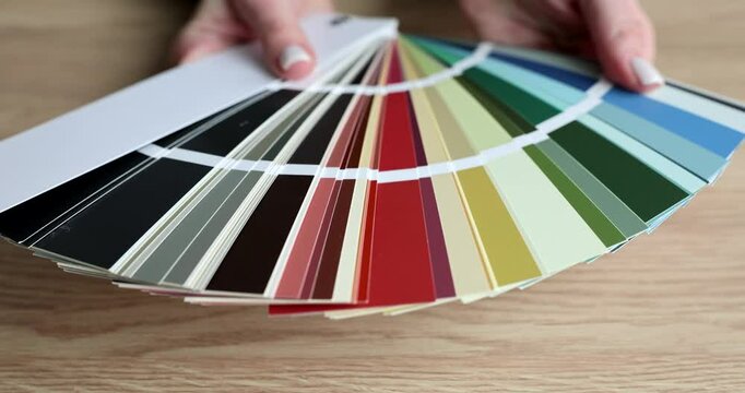 Hands of woman making fan from color palette above wooden table. Designer offers variations of colors of wallpapers for interior design slow motion