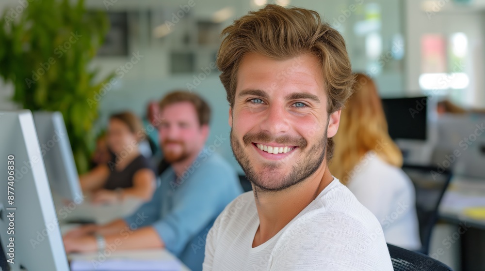 Poster a man with a beard and a smile is sitting in front of a computer. he is surrounded by other people w
