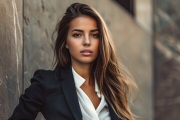 Fototapeta premium A woman with long brown hair, wearing a white shirt and a black blazer, leans against a wall, looking directly at the camera
