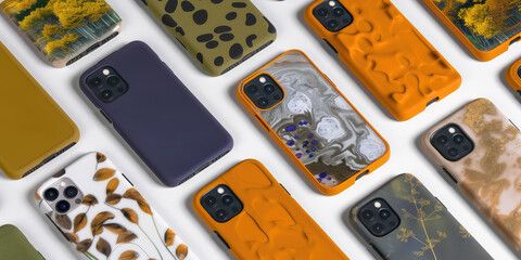 Lots of smartphone cases in different colors and patterns. Assortment of silicone phone case. Background wallpaper for backing.