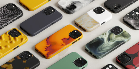 Lots of smartphone cases in different colors and patterns. Assortment of silicone phone case. Background wallpaper for backing.
