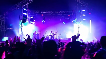 Fun music concert. Popular band star sing song. Happy fans people enjoy rock festival. Night club rave life. Disco show. Beautiful neon life. Musician man live perform. Singer play drums silhouette.