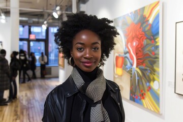 A woman with a bright smile stands in an art gallery, looking at a large abstract painting while others browse