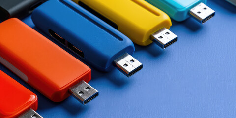 Variety of usb flash drives in different colors and sizes. Assortment usb flash drive variety. Background wallpaper for backing.