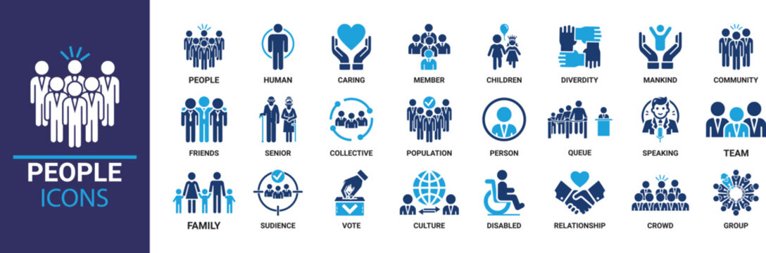 People icon set. Containing group, family, human, team, community, friends, population and senior icons. Solid icon collection.
