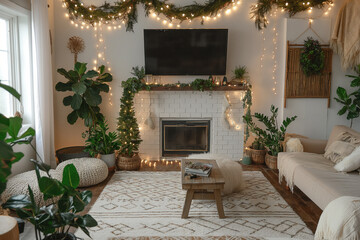 Interior of living room with Christmas tree, sofas and glowing lights