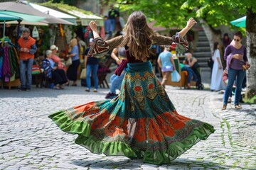Fototapeta premium A woman with long flowing hair dances in a colorful skirt, her movement a blur of bright hues as she twirls in a bustling market square