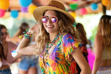 A young woman with long blonde hair, wearing sunglasses and a colorful patterned dress, smiles radiantly at a summer party