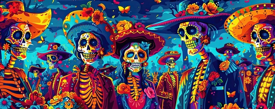 Neon Dia de Muertos Parade with Catrinas in Vibrant Setting - High Contrast Wallpaper for Day of the Dead Celebration