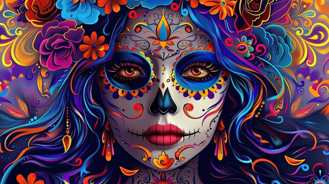 Vibrant Day of the Dead Catrinas with Intricate Face Paint on Colorful Psychedelic Wallpaper