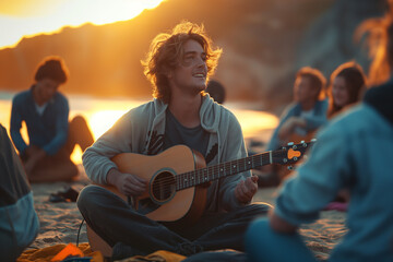 Obraz premium Handsome young man wearing sunglasses and playing guitar on beach. Smiling guy playing acoustic guitar at sunset. youth holidays at the sea