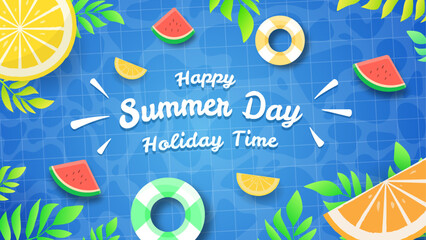 Happy Summer Day Greeting card, A blue background with a bunch of fruit and a sign that says 