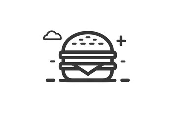 Minimalist black and white illustration of a hamburger with a background element.