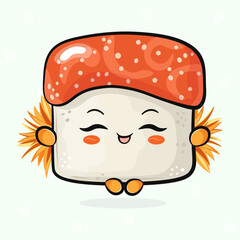 Cute funny Sushi doing yoga character. Vector hand drawn traditional cartoon vintage, retro, kawaii character illustration icon. Isolated on light green background. Sushi relax character