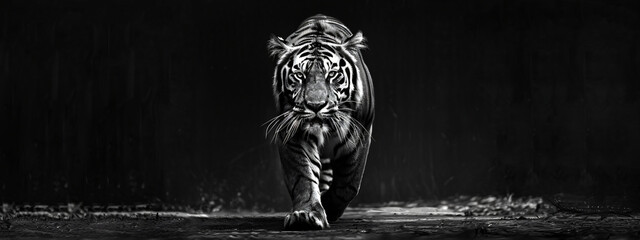 
A tiger walking towards the camera on a black background, in black and white, with high contrast, as a full body shot, in a hyper realistic